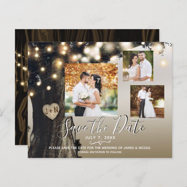 Rustic Tree & String Lights Photo Save the Date (Front/Back)