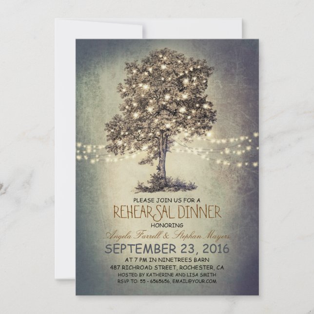 Rustic tree & string lights rehearsal dinner invitation (Front)