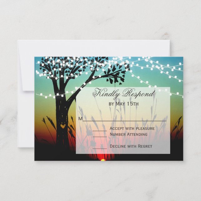 Rustic Tree String Lights Sunset Wedding RSVP Card (Front)