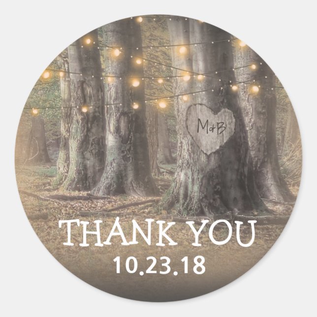 Rustic Tree & String Lights Thank You Classic Round Sticker (Front)