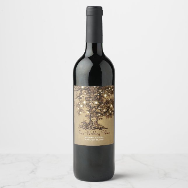 Rustic Tree String Lights Vintage Wedding Wine Label (Front)