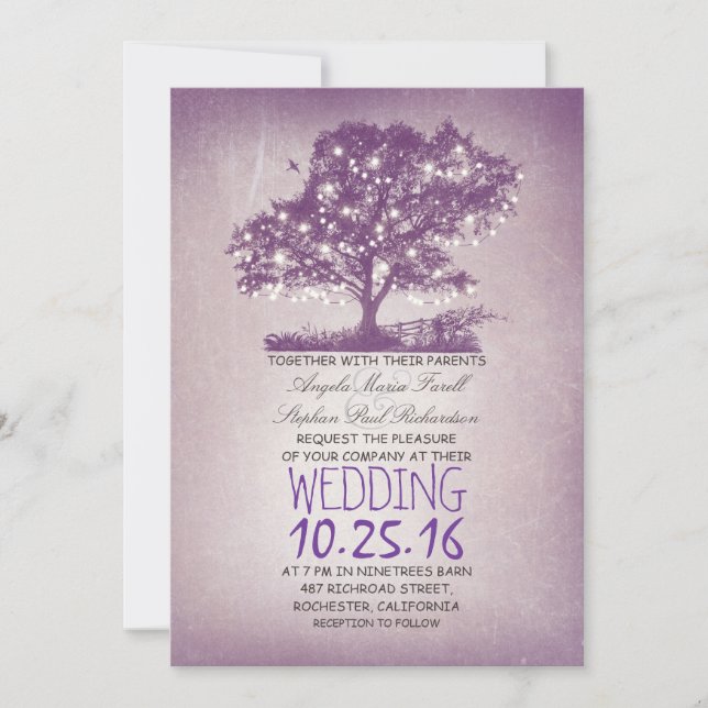 Rustic tree & string lights wedding invitations (Front)