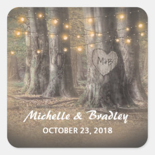 Rustic Tree & String Lights Wedding Monogram Square Sticker