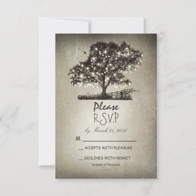 Rustic tree & string lights wedding RSVP cards (Front)