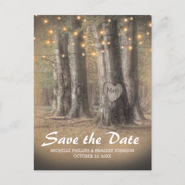 Rustic Tree & String Lights Wedding Save the Date Announcement Postcard (Front)