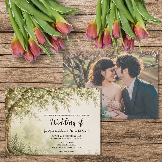 Rustic tree string of lights country photo wedding invitation (Rustic tree with string of lights country photo wedding invitation. For your rustic country wedding.)
