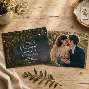 Rustic tree string of lights country photo wedding invitation
