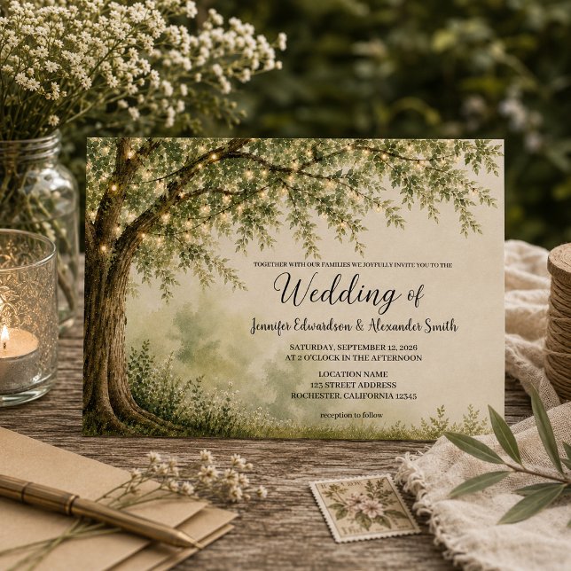 Rustic tree string of lights country wedding invitation (Rustic tree with string of lights country wedding invitation. For your rustic country wedding.)