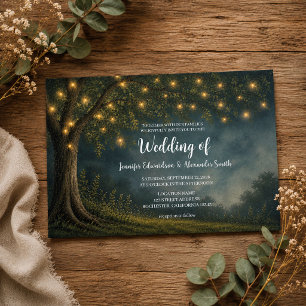 Rustic tree string of lights night country wedding invitation