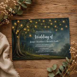 Rustic tree string of lights night country wedding invitation