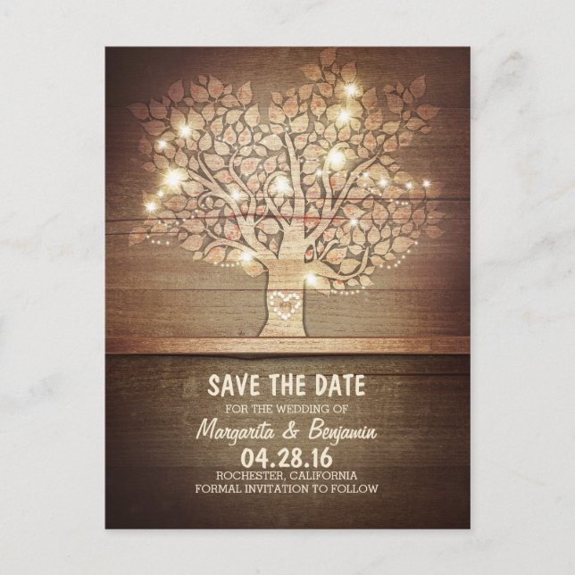 Rustic Tree & String Of Lights Save The Date Announcement Postcard (Front)