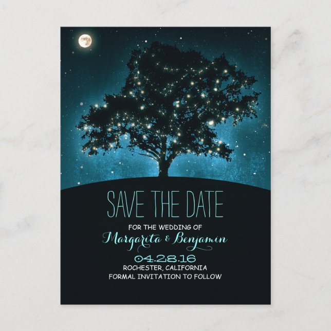 Rustic Tree & String Of Lights Save The Date Announcement Postcard (Front)