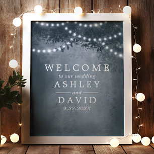 Rustic Tree String Of Lights Wedding Welcome Poster
