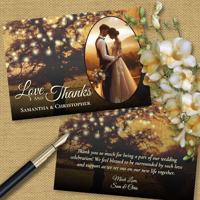 Rustic Tree with Lights Photo & Note Wedding Thank You Card (Front/Back)
