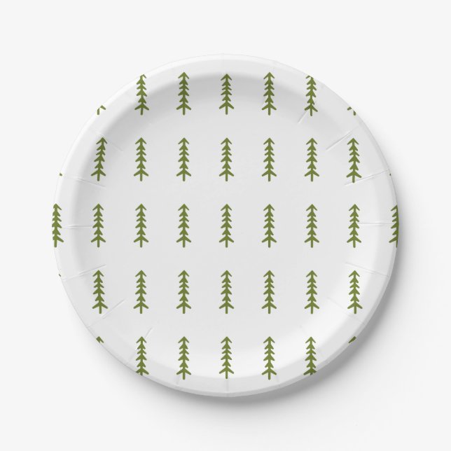 Rustic Tree Woodland Forest Pattern Modern Green Paper Plate (Front)