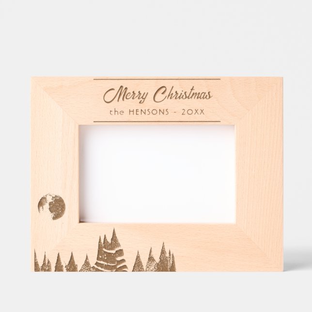 Rustic Trees and Moon Merry Christmas Holiday Etched Frames (Front)