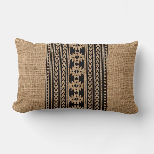 Rustic Tribal Aztec Pattern Farmhouse Burlap Lumbar Cushion (Front)