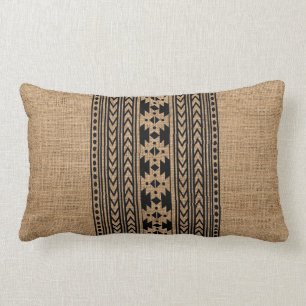 Rustic Tribal Aztec Pattern Farmhouse Burlap Lumbar Cushion
