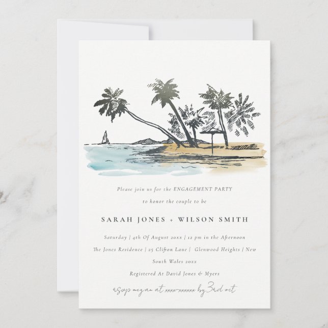 Rustic Tropical Beach Palm Tree Sketch Engagement Invitation (Front)