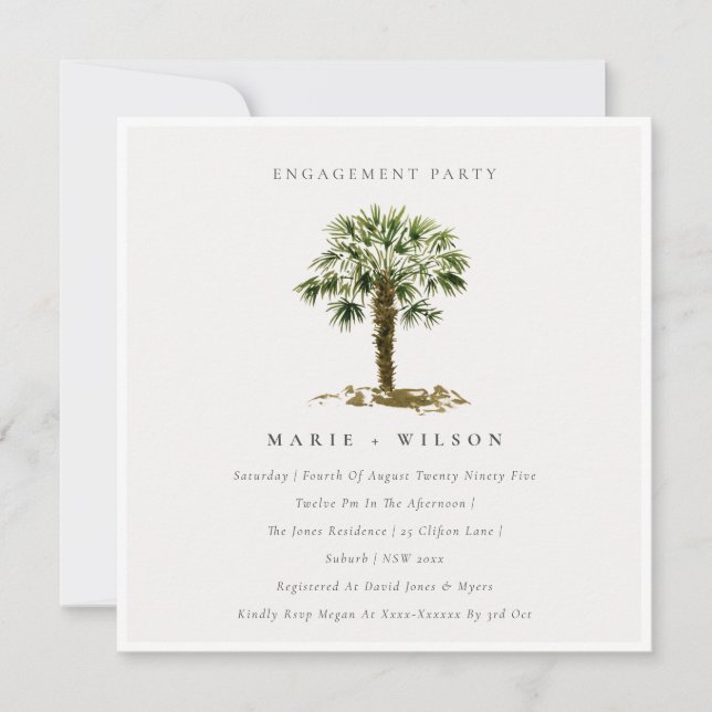 Rustic Tropical Beach Palm Trees Engagement Invite (Front)