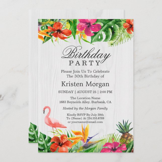 Rustic Tropical Floral Flamingo Birthday Party Invitation (Front/Back)