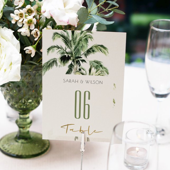 Rustic Tropical Green Beach Palm Trees Wedding Table Number (Creator Uploaded)