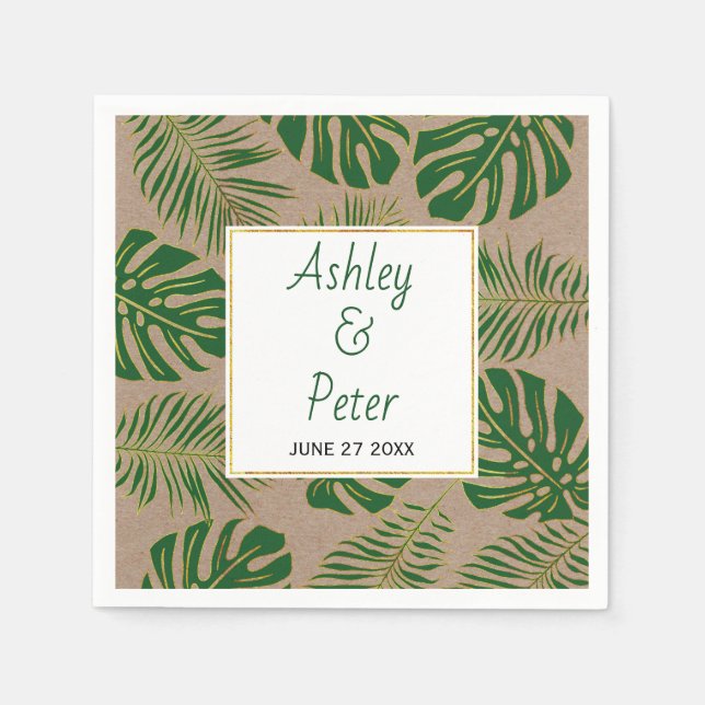 Rustic tropical green monstera palm leaves wedding napkin (Front)
