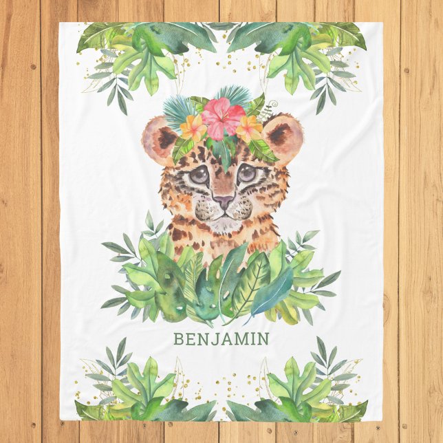 Rustic Tropical Jungle Safari Cute Leopard Fleece Blanket (Creator Uploaded)