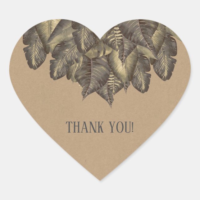 Rustic Tropical Leaves Botanical Vintage Wedding Heart Sticker (Front)