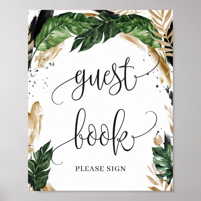 Rustic tropical leaves flowers guest book sign (Front)