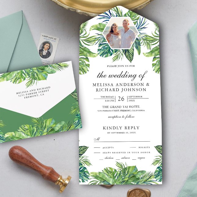 Rustic Tropical Monstera Palm Leaves Photo Wedding All In One Invitation (Creator Uploaded)