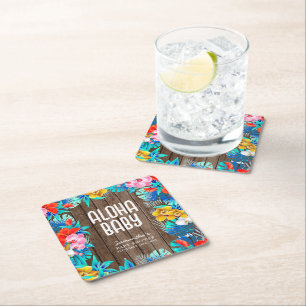 Rustic Tropical Palm Leaves Aloha Baby Shower Square Paper Coaster