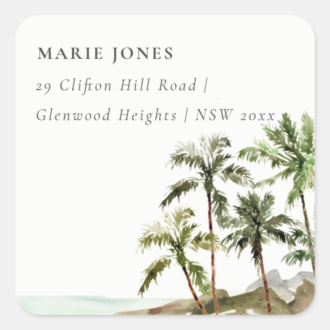 Rustic Tropical Palm Tree Beach Sand Address Square Sticker (Front)
