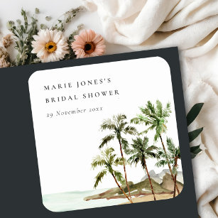 Rustic Tropical Palm Tree Beach Sand Bridal Shower Square Sticker