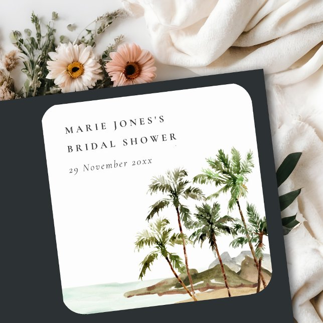 Rustic Tropical Palm Tree Beach Sand Bridal Shower Square Sticker (Creator Uploaded)
