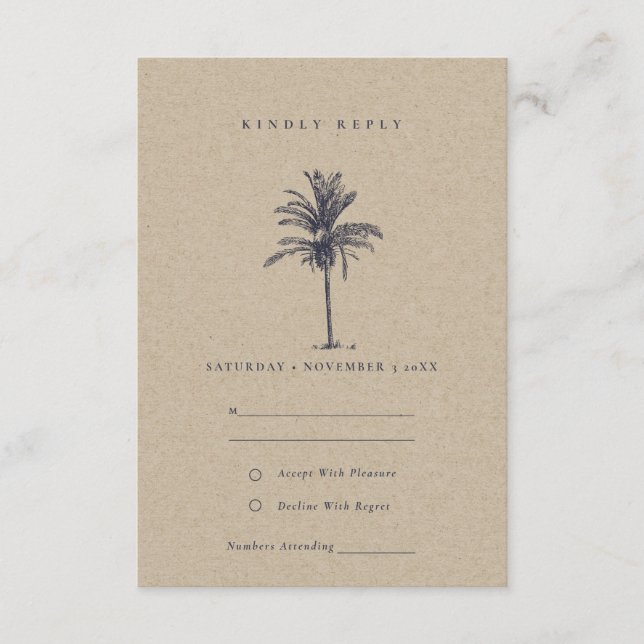 Rustic Tropical Palm Tree Navy Kraft Wedding RSVP Enclosure Card (Front)