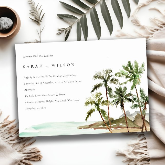Rustic Tropical Palm Trees Beach Sand Wedding Invitation (Creator Uploaded)