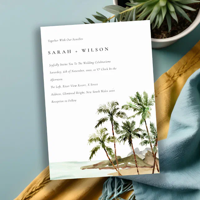 Rustic Tropical Palm Trees Beach Sand Wedding Invitation | Zazzle