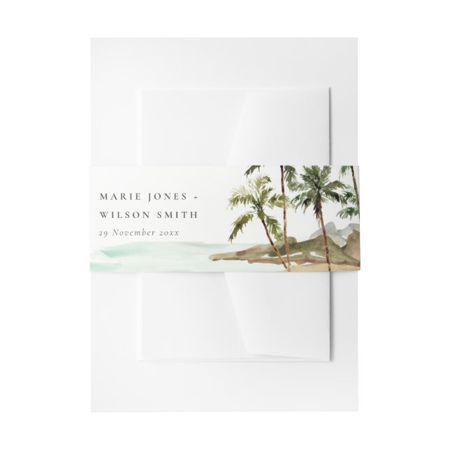 Rustic Tropical Palm Trees Beach Sand Wedding Invitation Belly Band (Front Example)