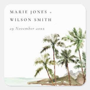 Rustic Tropical Palm Trees Beach Sand Wedding Square Sticker