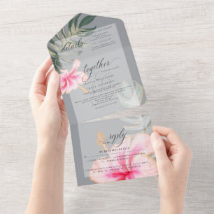 Rustic Tropical Pink Hibiscus Floral Wedding All In One Invitation