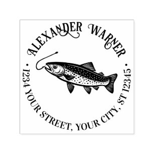Rustic Trout, Fish Hook Name Return Address Self-inking Stamp