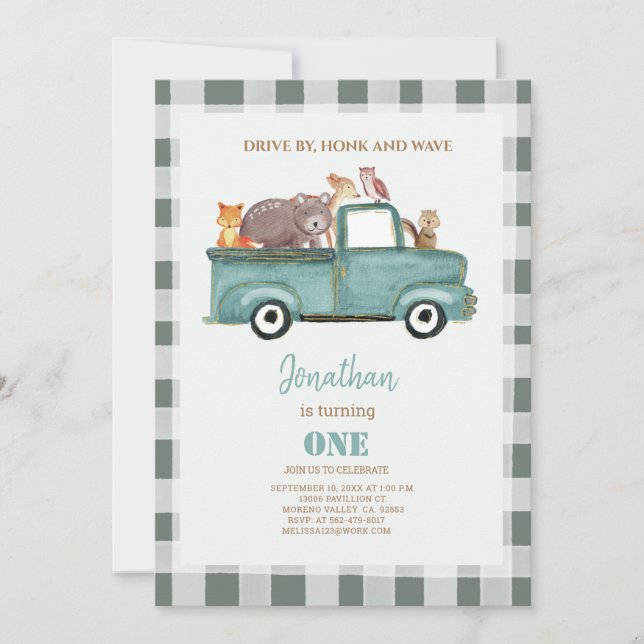 Rustic Truck First Birthday Drive By Birthday Invitation (Front)