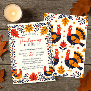 Rustic Turkey Autumn Leaves Thanksgiving Dinner Invitation