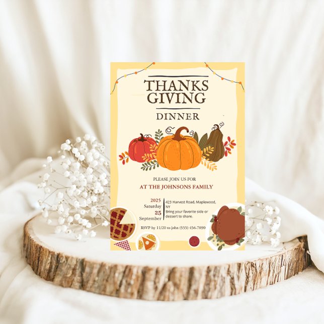 Rustic Turkey Pumpkin Thanksgiving Dinner Fall  Invitation (Rustic Turkey Pumpkin Thanksgiving Dinner Fall Invitation whimsical leaves fall autumn dinner party )