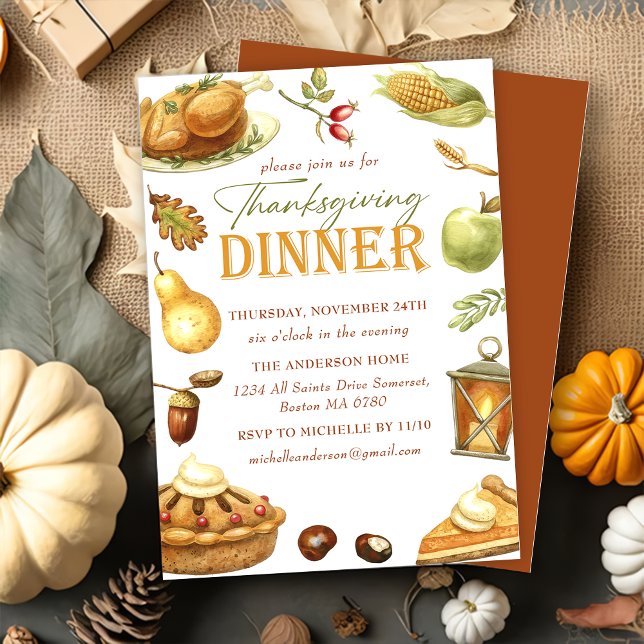Rustic Turkey Thanksgiving Dinner Watercolor Invitation (Creator Uploaded)
