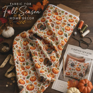 Rustic Turkeys Pumpkins Fall Leaves Thanksgiving Fabric