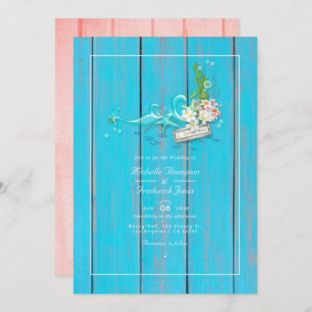 Rustic Turquoise and Coral Beach QR Code Wedding Invitation (Front/Back)