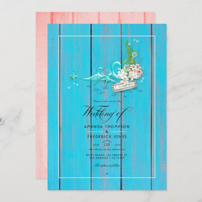 Rustic Turquoise and Coral Beach Wedding Photo Invitation (Front/Back)