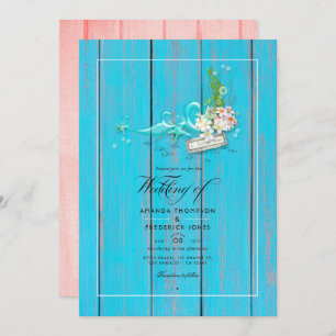 Rustic Turquoise and Coral Beach Wedding Photo Invitation